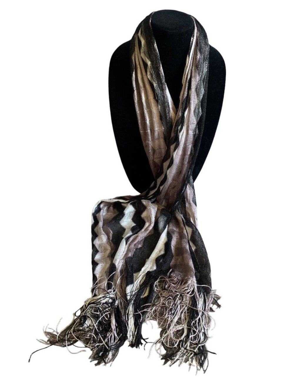 Womens Chevron Fringe Scarf Black Silver Gray White Lightweight Style 16" x 66"